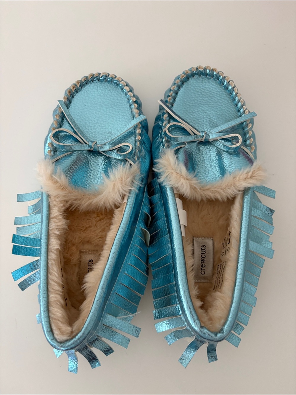 Crewcuts Metallic Turquoise Fringe Moccasin